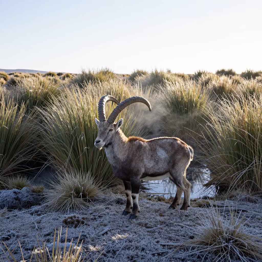 Bolivian Ibex at Frosted Bog Edge in at the edge of a reed bed in Bolivia