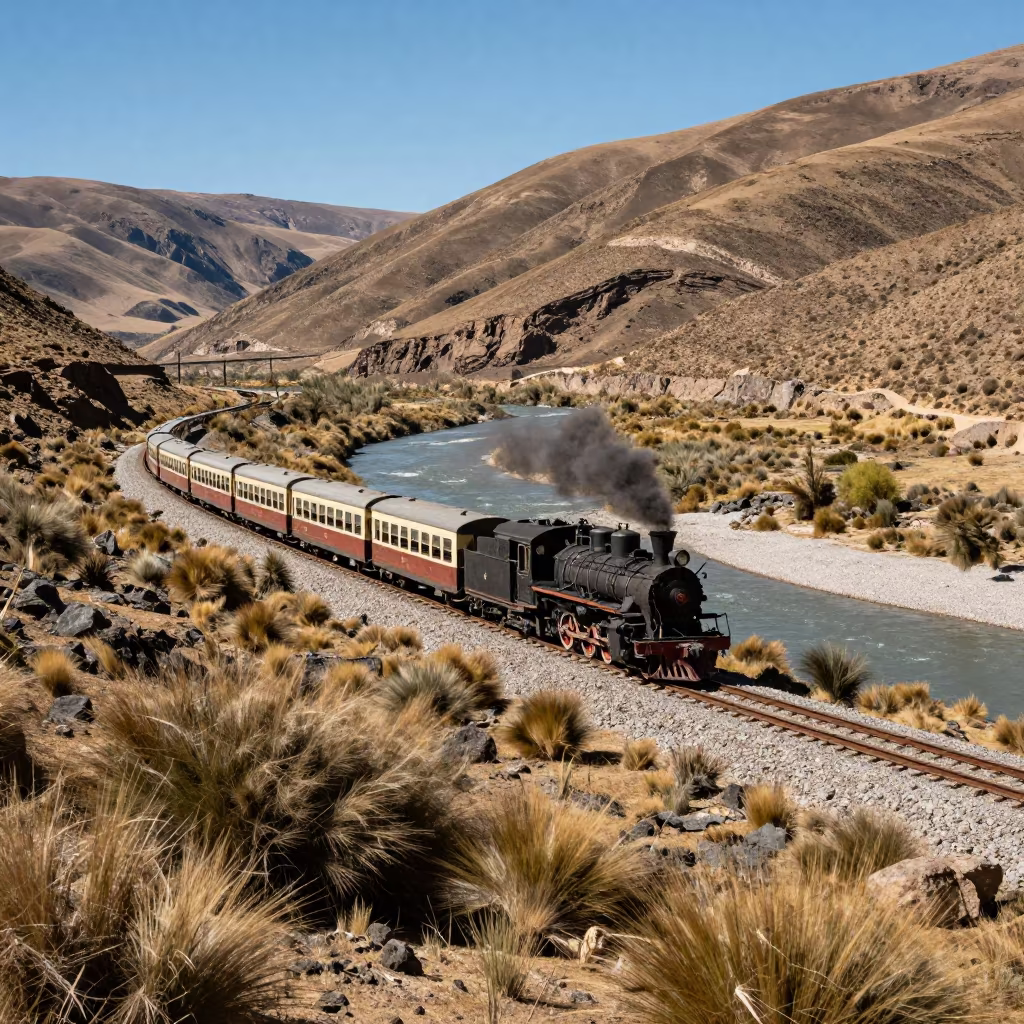 Bolivian Locomotive Crossing River Valley in in Bolivia