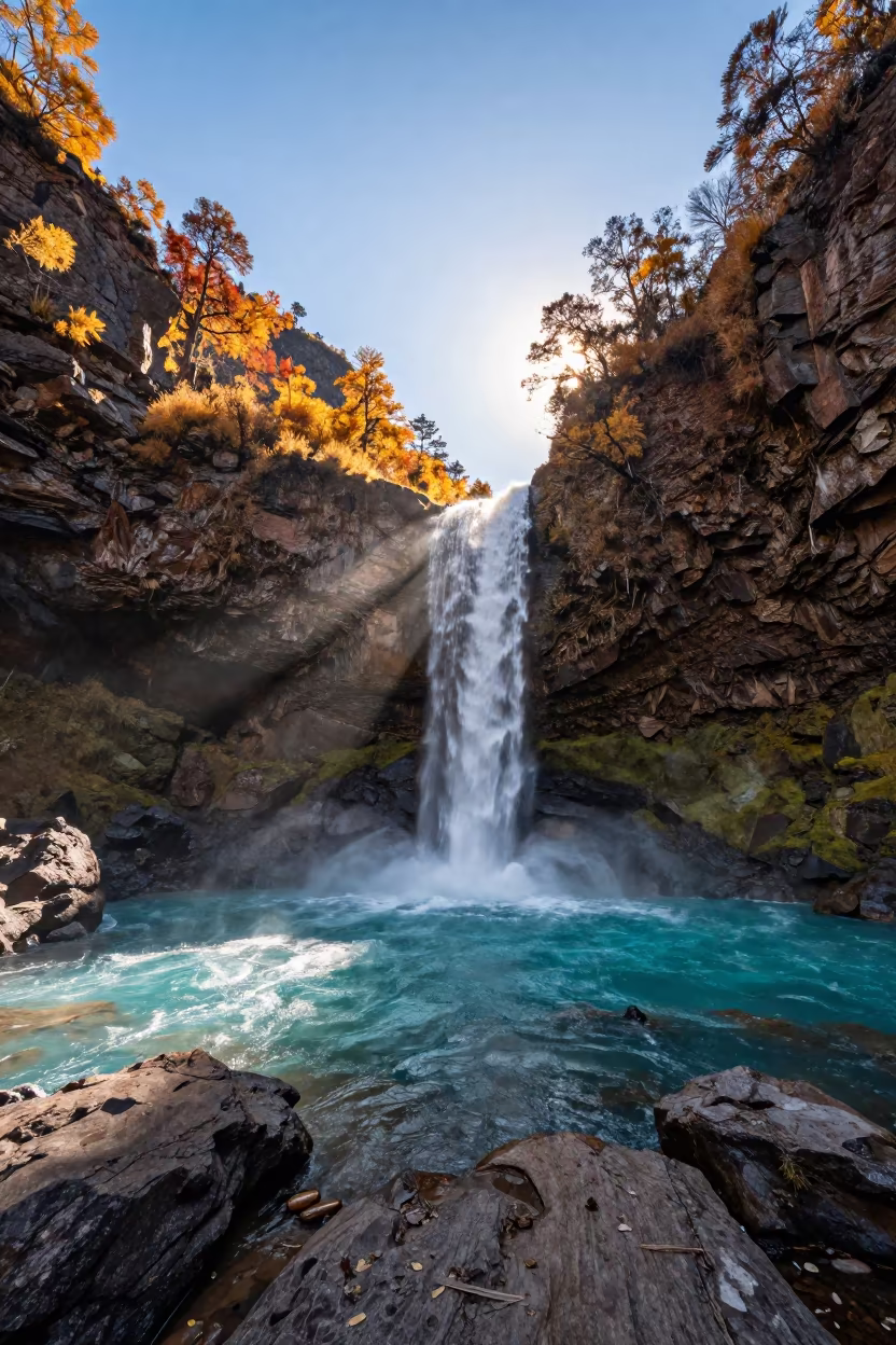 Bolivian Plunge Waterfall Turquoise Pool Sunset in across a wide valley floor in Bolivia