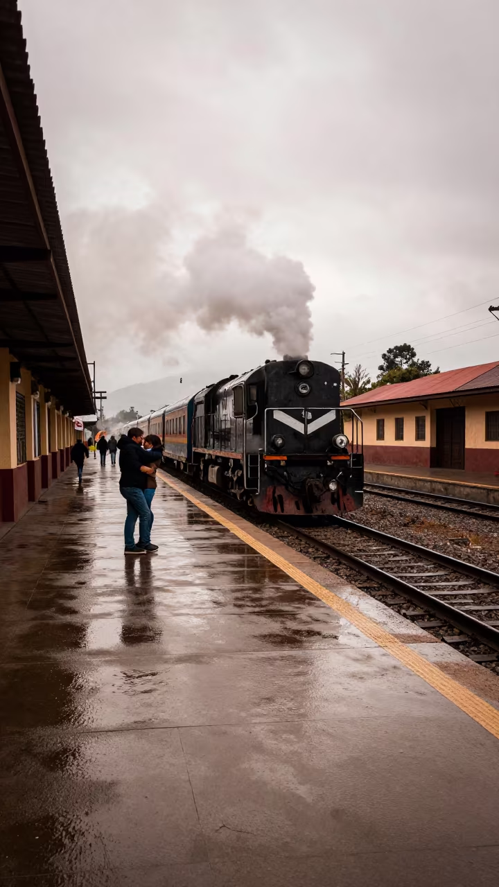Bolivian Train Platform Farewell Embraces Steam in in Bolivia