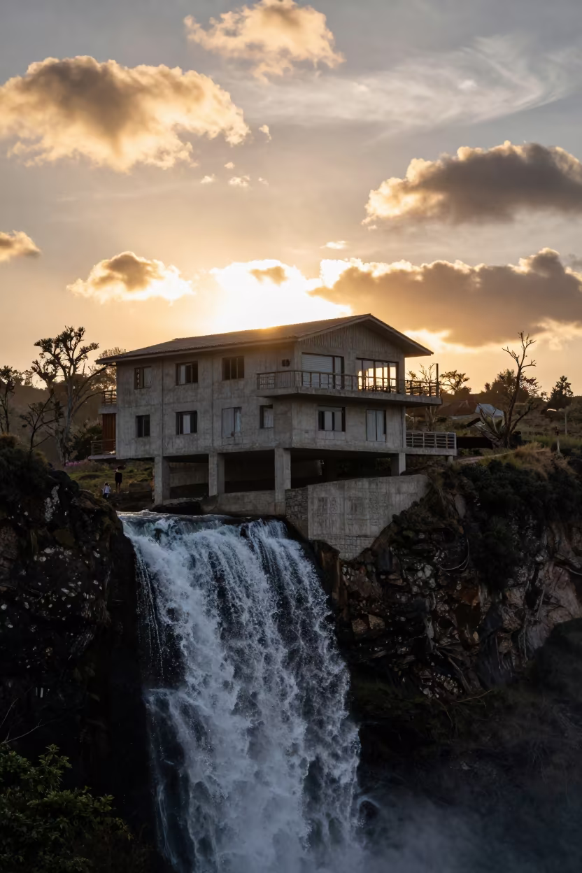 Bolivian Waterfall Cantilever Sunset Silhouette in in Bolivia