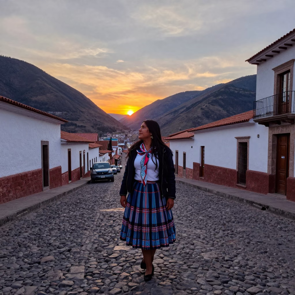 Bolivian Woman Street Sunset in La Paz in in La Paz, Bolivia