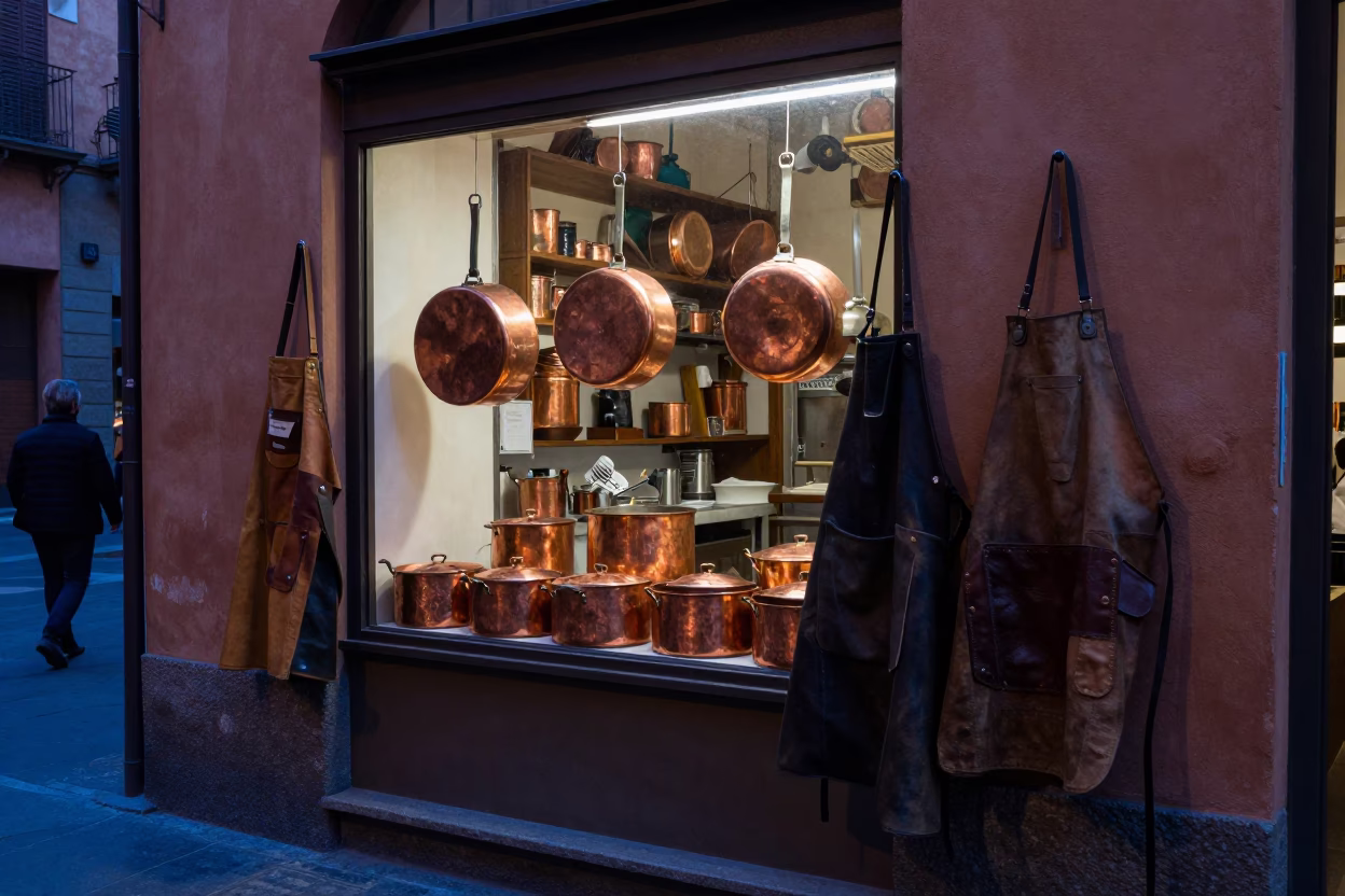 Bologna blue hour street scene with copper pots and leather aprons in in Bologna, Italy