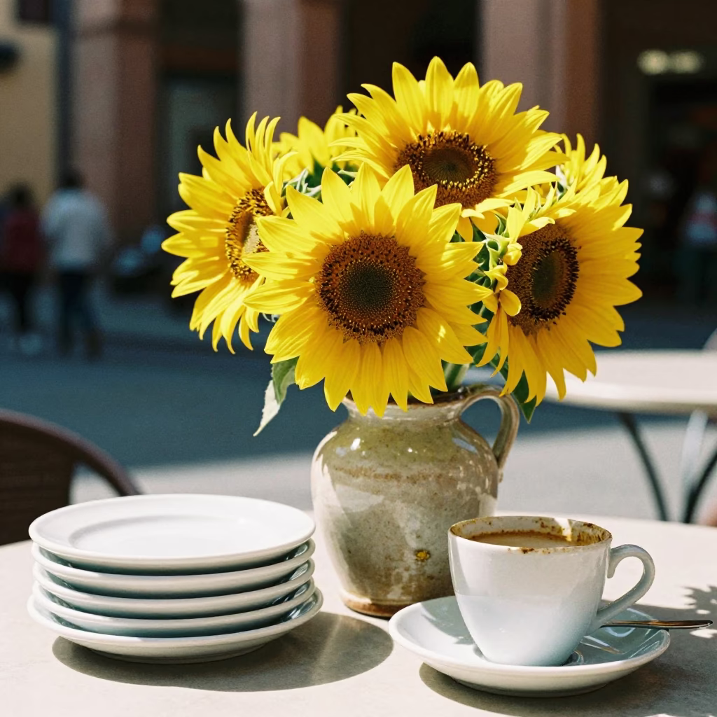 Bologna Cafe Scene at Bright Midmorning Light in in Bologna, Italy