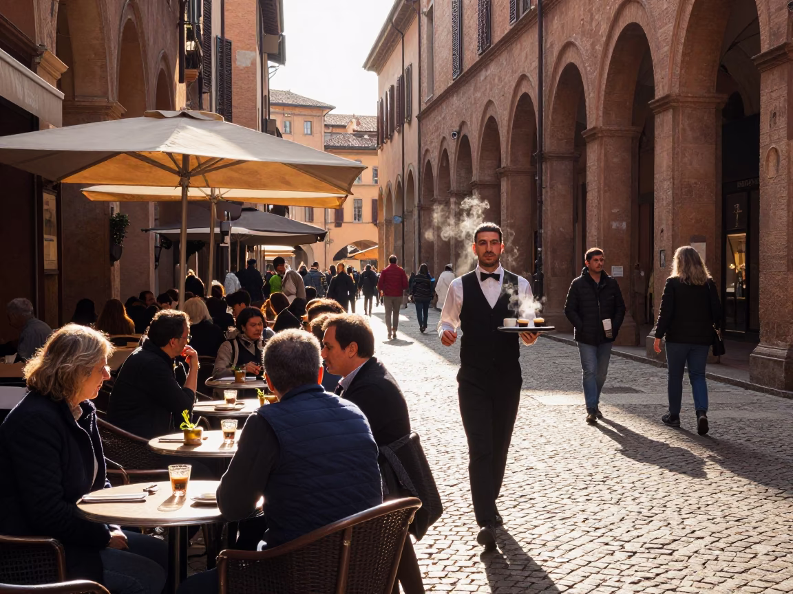 Bologna Cafe Terrace at The Early Afternoon Light in in Bologna, Italy