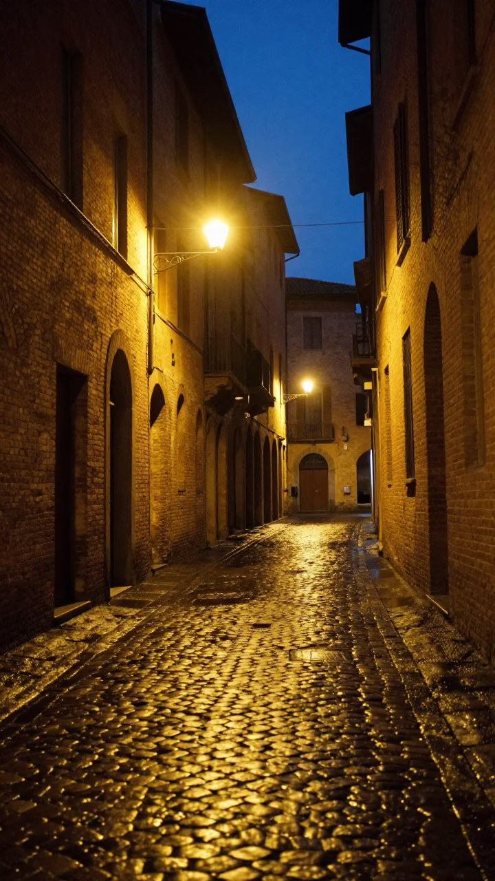 Bologna Cobblestone Alleyway at Midnight Light in in Bologna, Italy