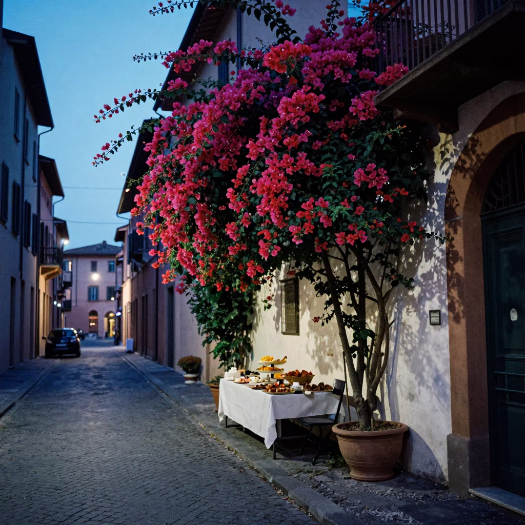 Bologna Evening Street Scene with Bougainvillea and Traditional Food in in Bologna, Italy