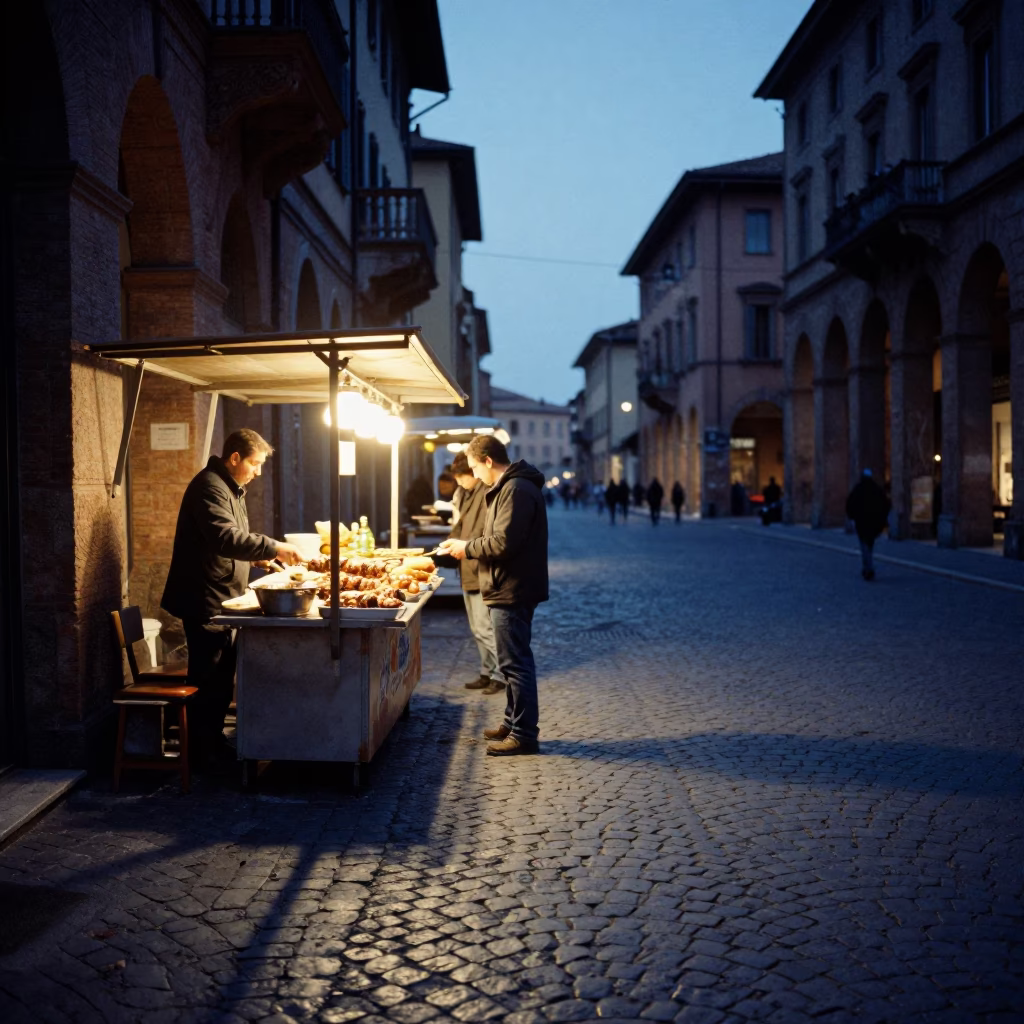 Bologna Evening Street Scene with Grilled Kebab and Cobblestone Architecture in in Bologna, Italy