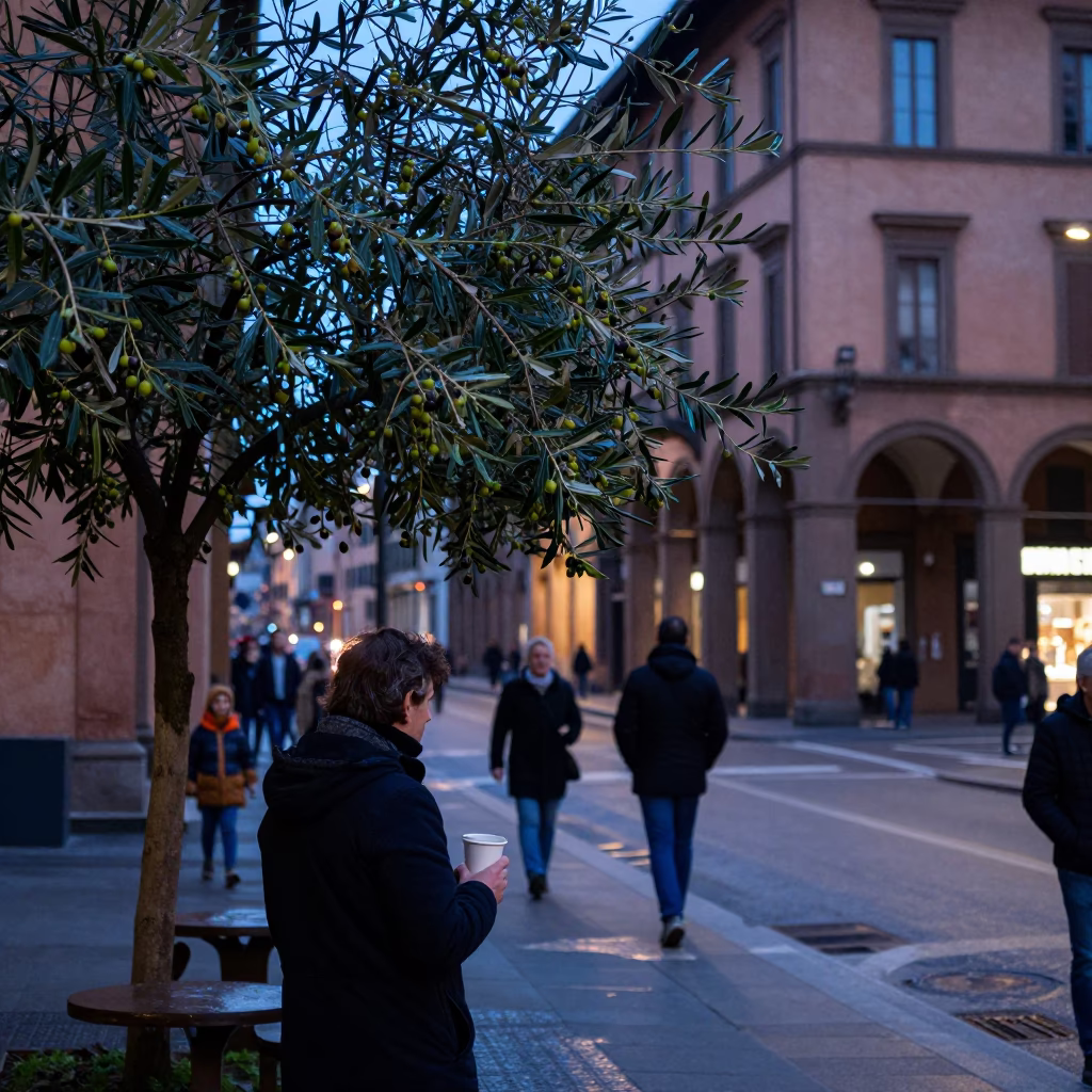 Bologna Evening Street Scene with Olives and Condensation on Cup Rim in in Bologna, Italy