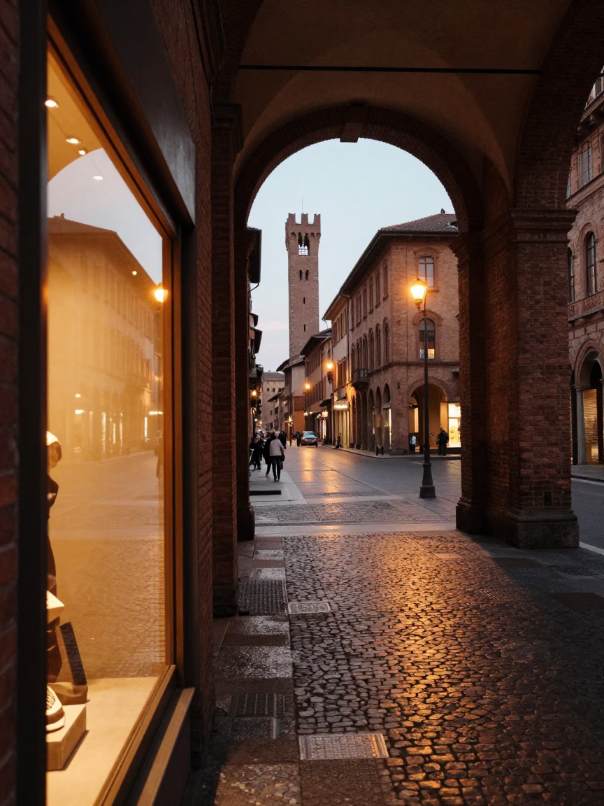 Bologna Evening Street Scene with Shop Window Reflections and Urban Architecture in in Bologna, Italy