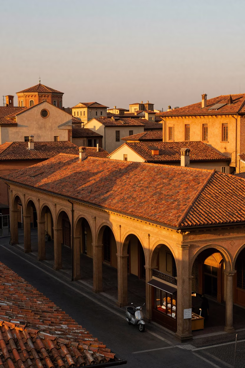 Bologna Italy 1970s Evening Light Terracotta Roofs Portico Street Scene in in Bologna, Italy