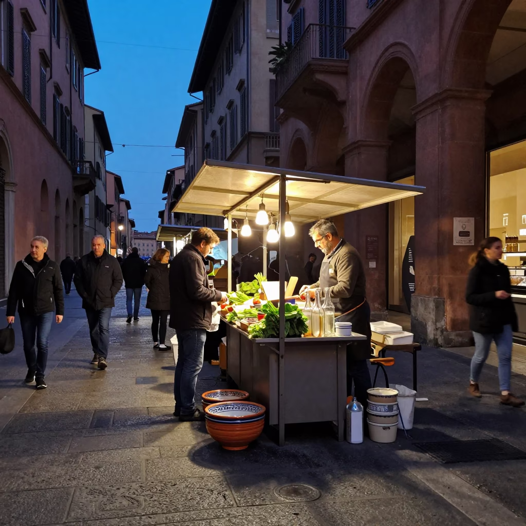 Bologna Italy Blue Hour Street Scene with Ceramic Bowl and Glass Bottles in in Bologna, Italy