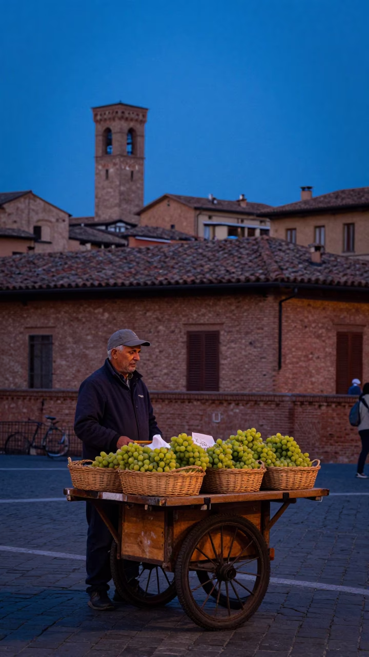 Bologna Italy Blue Hour Street Scene with Fruit Vendor in in Bologna, Italy