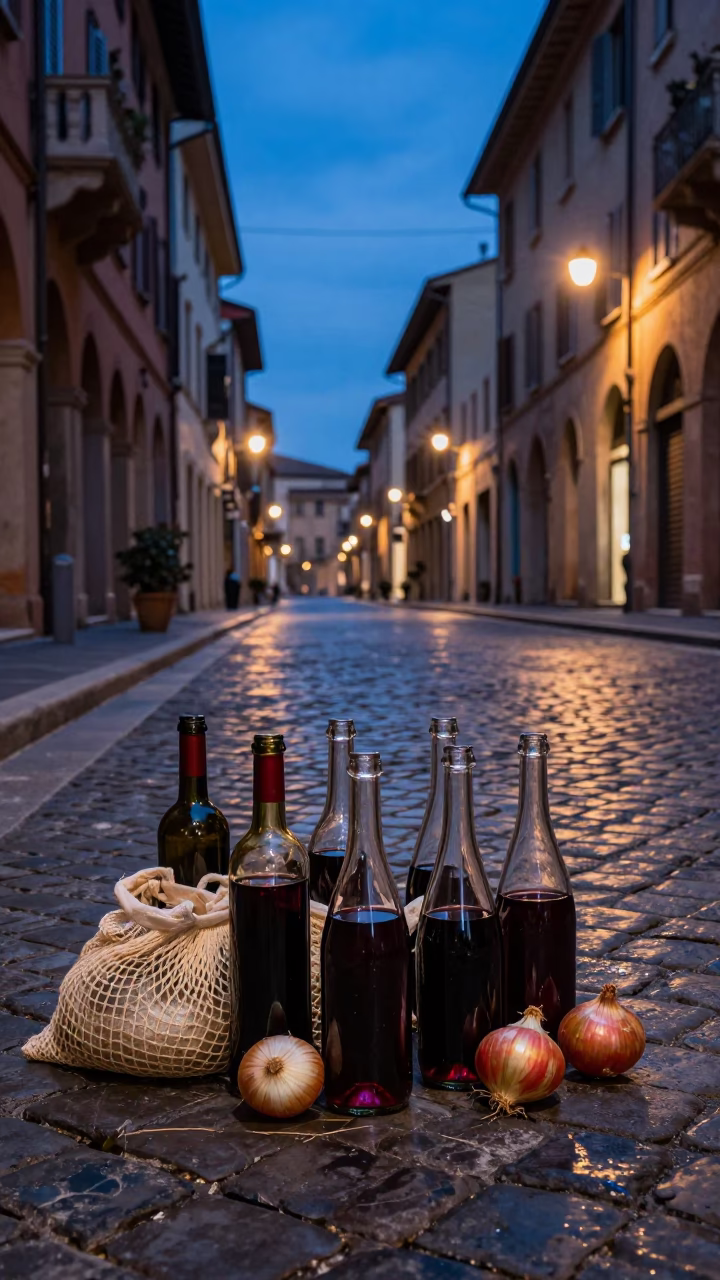 Bologna Italy Blue Hour Street Scene with Glass Bottles and Onions in in Bologna, Italy