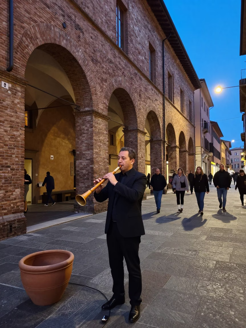 Bologna Italy Blue Hour Street Scene with Recorder and Clay Pot in in Bologna, Italy
