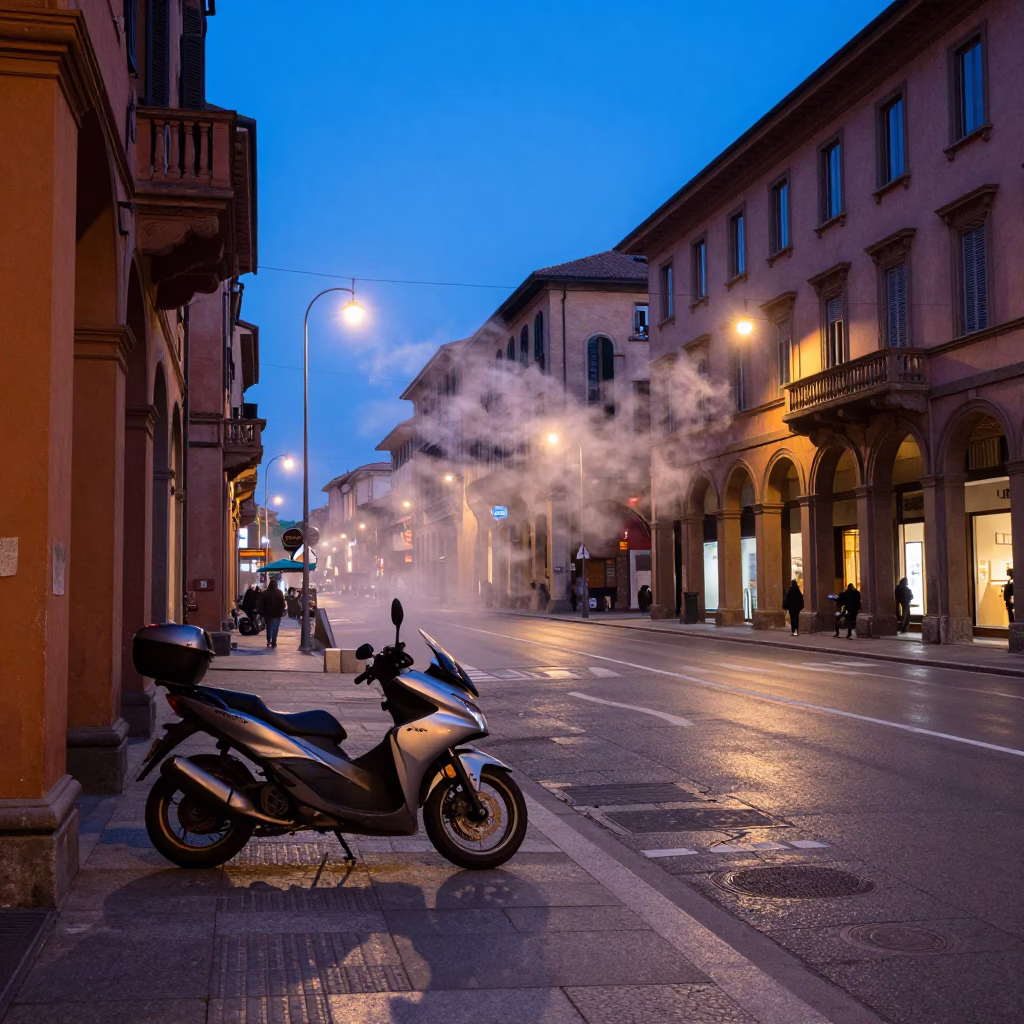 Bologna Italy Blue Hour Street Scene with Steam and Urban Life in in Bologna, Italy