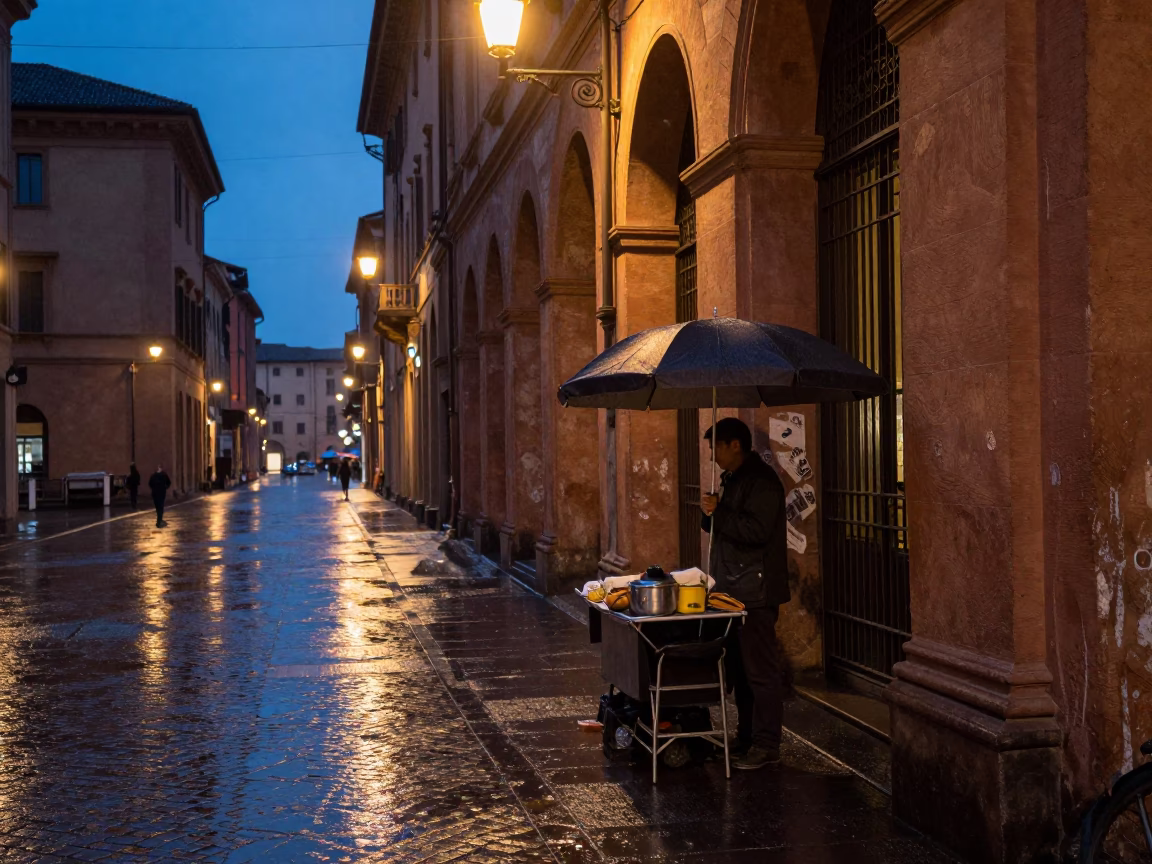 Bologna Italy Blue Hour Street Scene with Umbrella Vendor and Traditional Grate in in Bologna, Italy