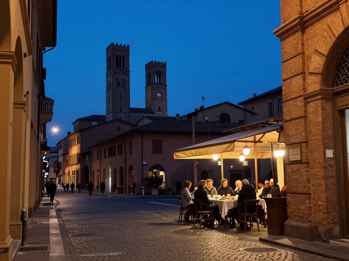 Bologna Italy Blue Hour Street Scene with Vintage Teacups and Local Interaction in in Bologna, Italy