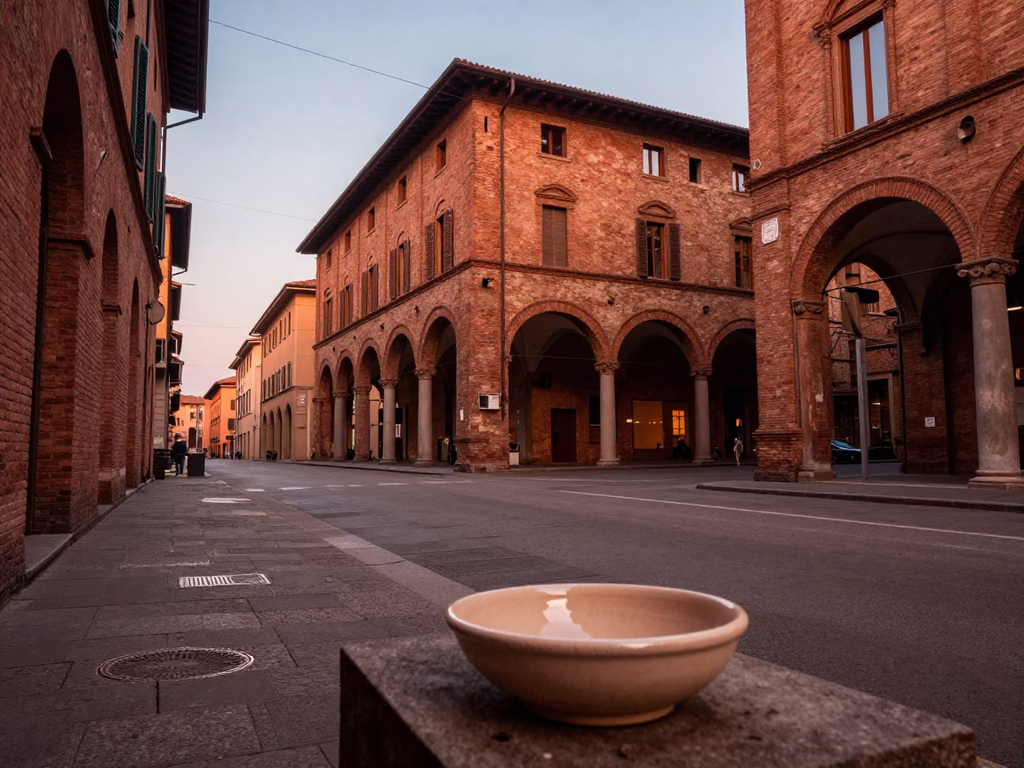 Bologna Italy Copper Dusk Street Scene with Ceramic Bowl and Tulips in in Bologna, Italy