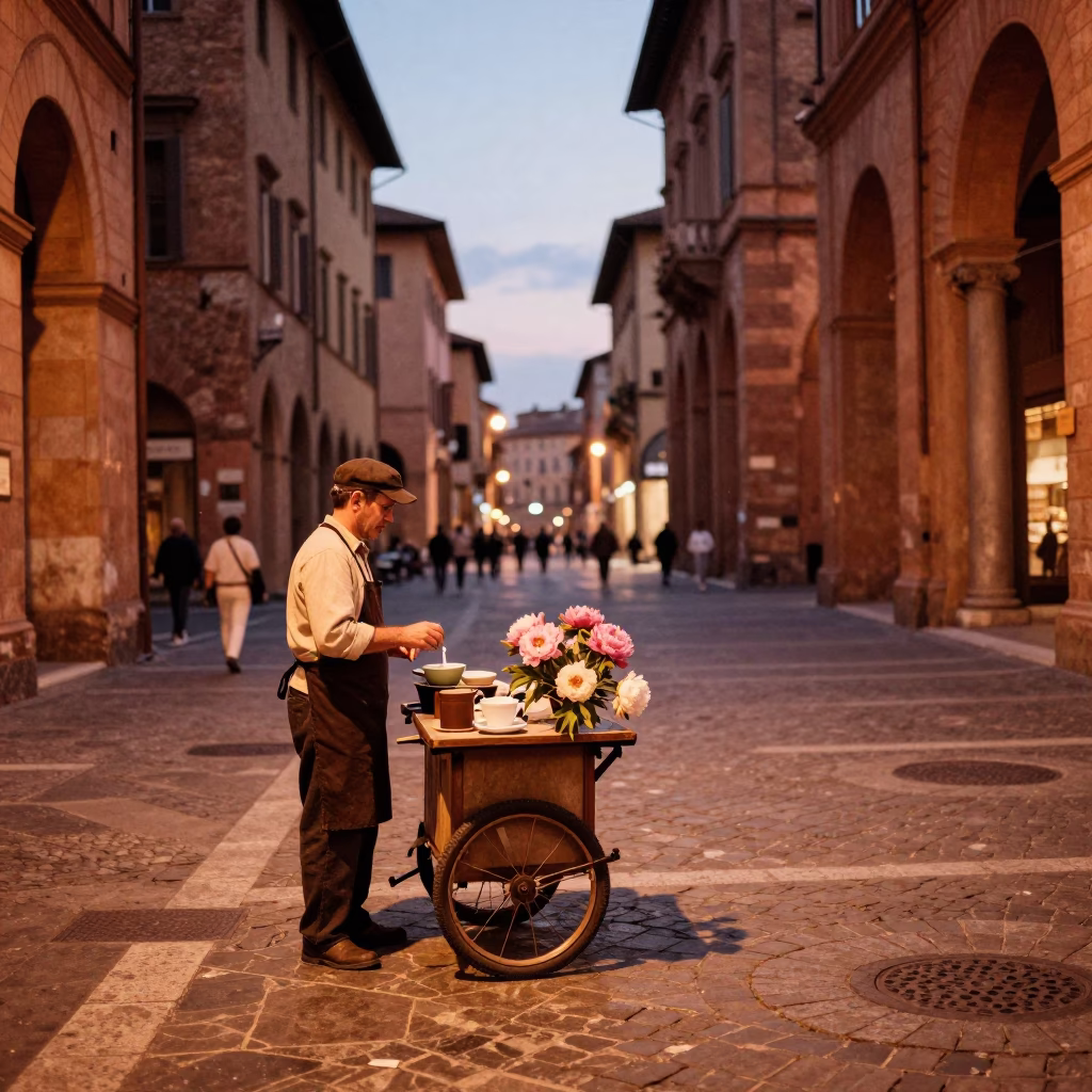 Bologna Italy Copper Dusk Street Scene with Peonies and Espresso in in Bologna, Italy