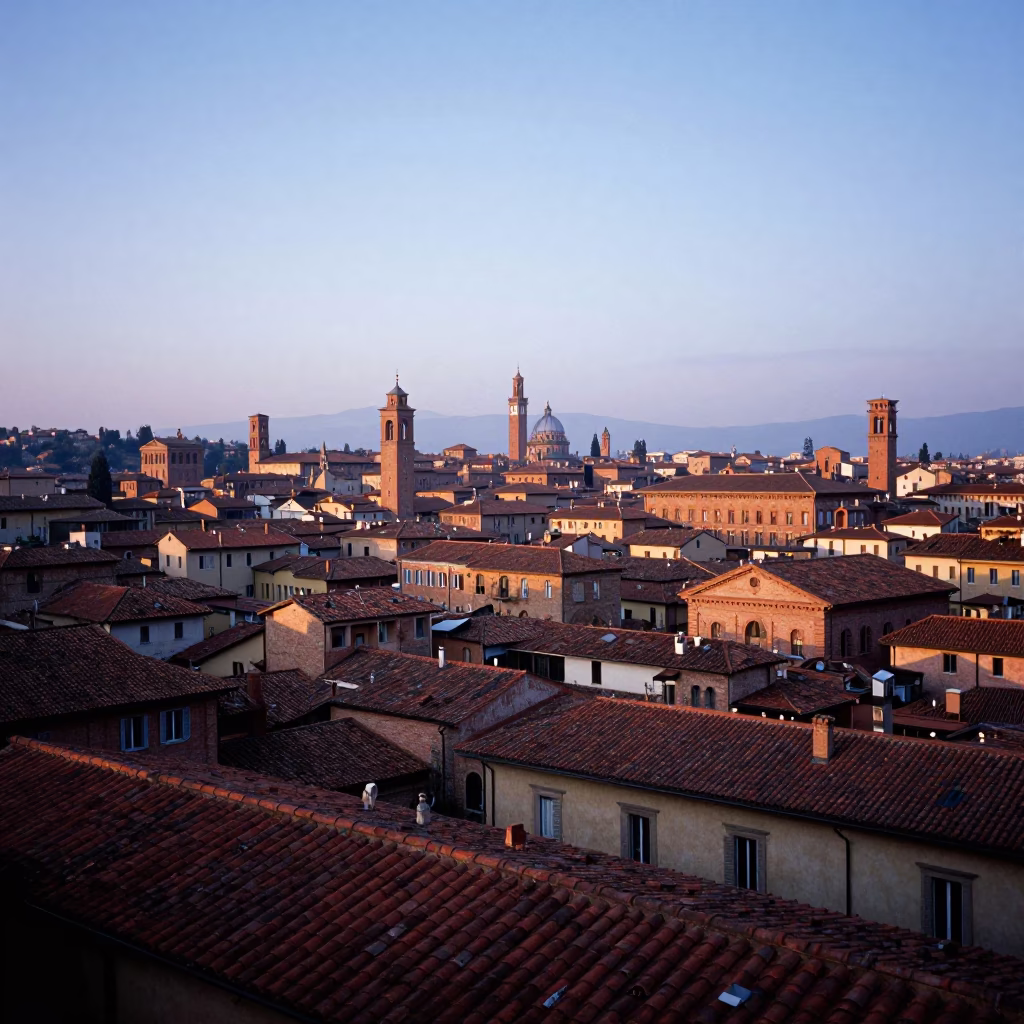 Bologna Italy Dawn Skyline with Terracotta Roofs and Early Morning Light in in Bologna, Italy