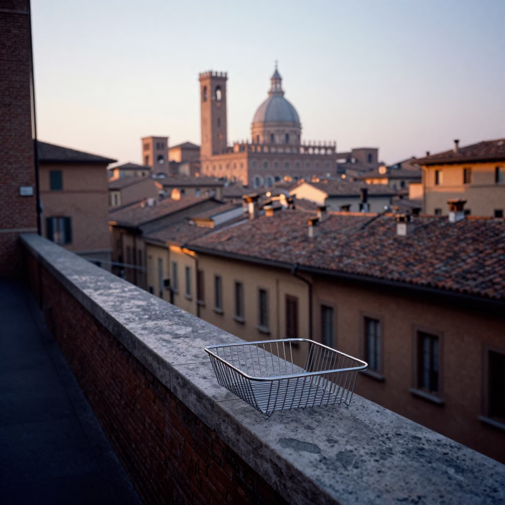 Bologna Italy Dawn Street Scene with Dish Drainer and Local Morning Routine in in Bologna, Italy