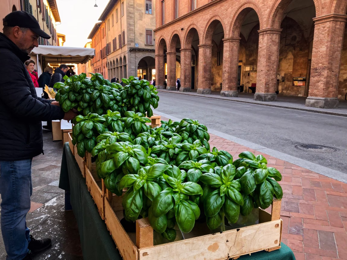 Bologna Italy dawn street scene with fresh basil and market produce at first light in in Bologna, Italy