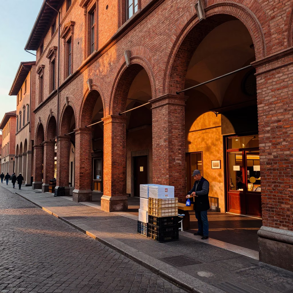 Bologna Italy Dawn Street Scene with Vintage 1990s Aesthetic and Local Market Activity in in Bologna, Italy