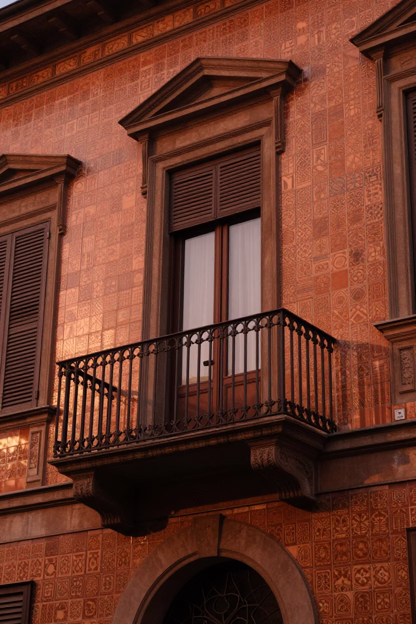 Bologna Italy Dusk Ceramic Tile Facade and Iron Balcony in in Bologna, Italy