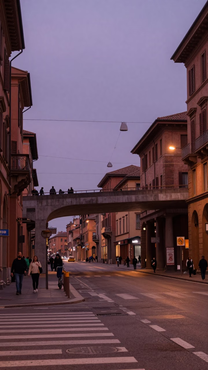 Bologna Italy Dusk Street Scene with Overpass and Local Life in in Bologna, Italy