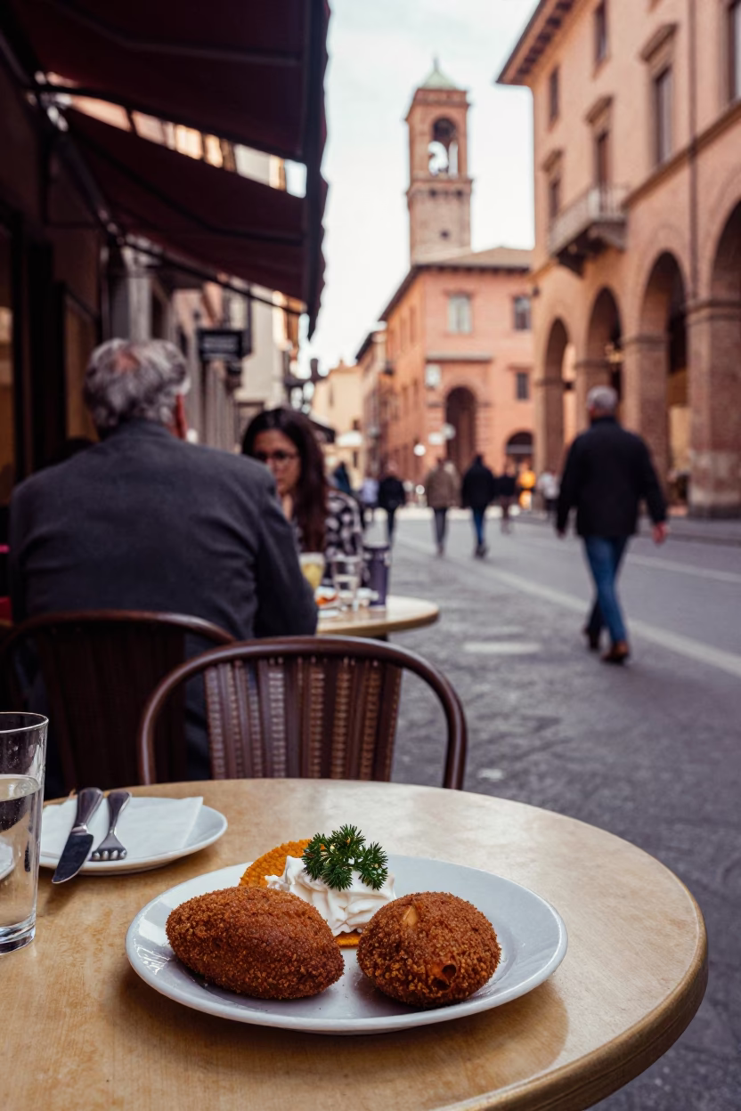 Bologna Italy Early Afternoon Street Scene with Local Dining Elements in in Bologna, Italy