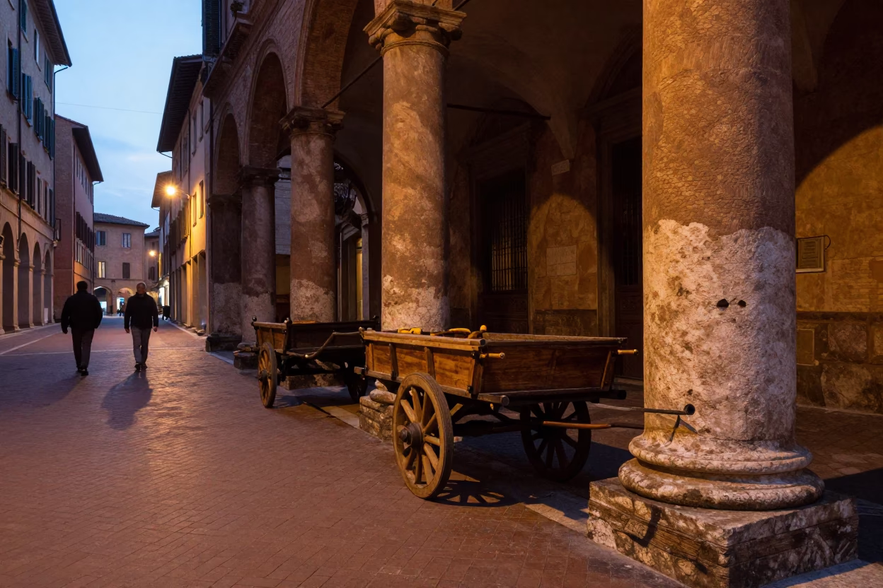 Bologna Italy Early Evening Street Scene with Rolling Carts and Historic Architecture in in Bologna, Italy
