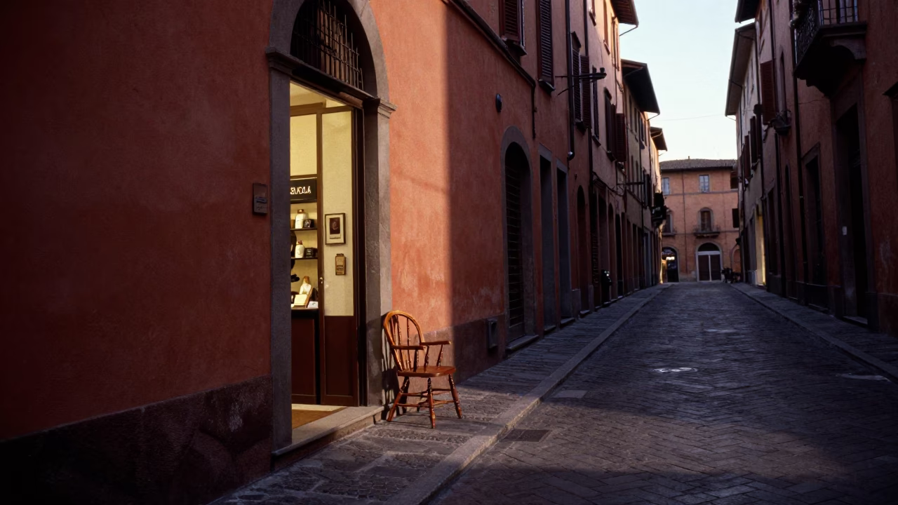 Bologna Italy Early Evening Street Scene with Spindle Chair and Peg Rails in in Bologna, Italy