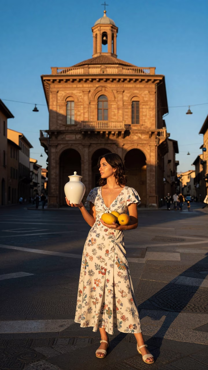Bologna Italy Evening Light Portrait of Local Woman with Blue Porcelain Jar and Mangoes in in Bologna, Italy
