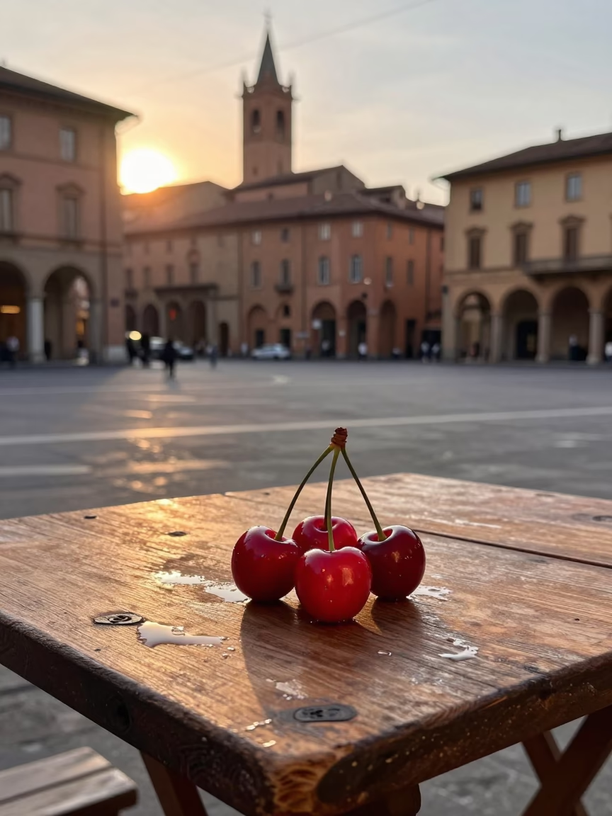 Bologna Italy Evening Light Traditional Food Scene with Cherries and Rustic Details in in Bologna, Italy