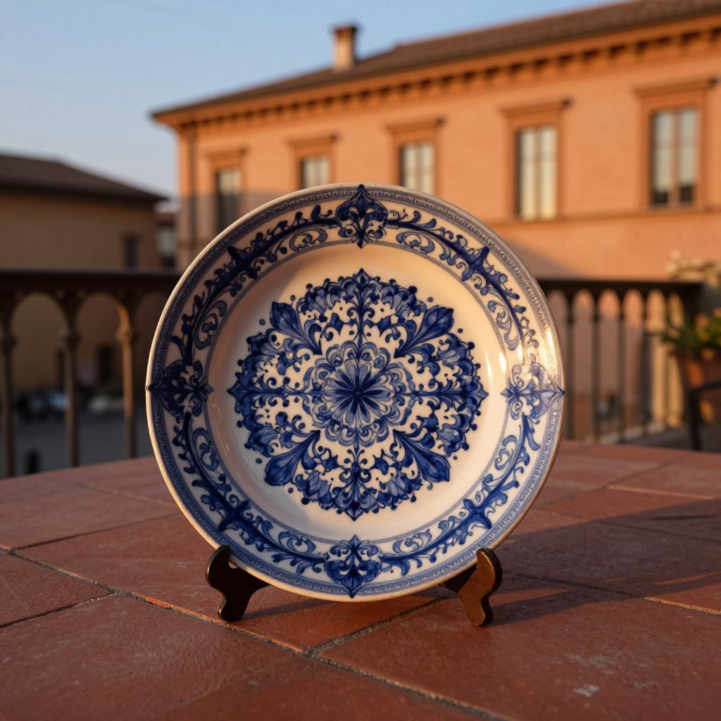 Bologna Italy Evening Light Vintage Majolica Plate on Terrace Table in in Bologna, Italy
