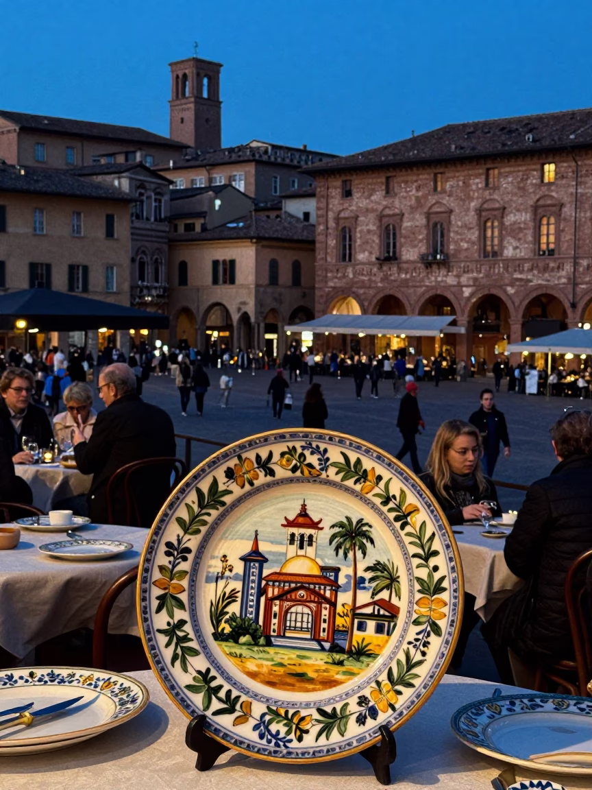 Bologna Italy Evening Street Scene Vintage Majolica Plate on Cafe Table in in Bologna, Italy