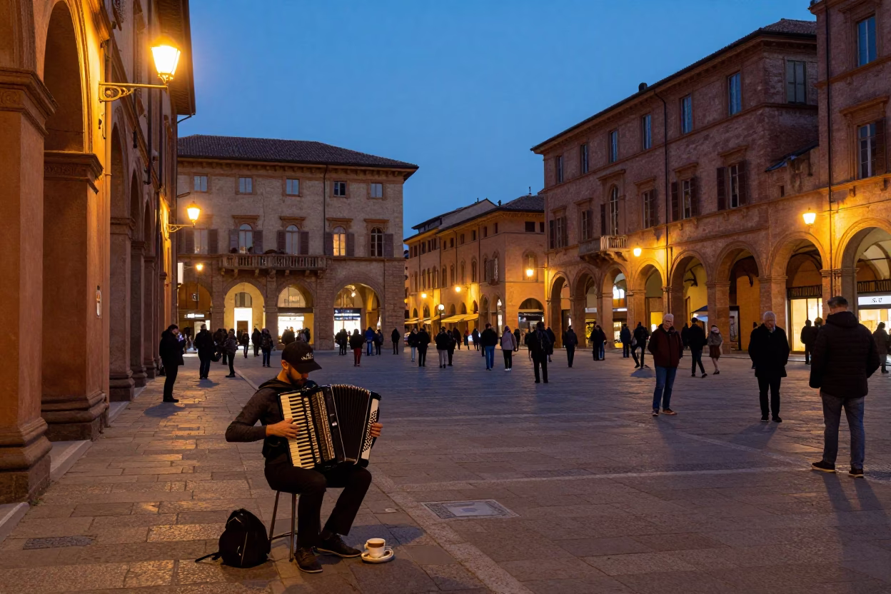 Bologna Italy Evening Street Scene with Accordion Player and Coffee Shop Details in in Bologna, Italy