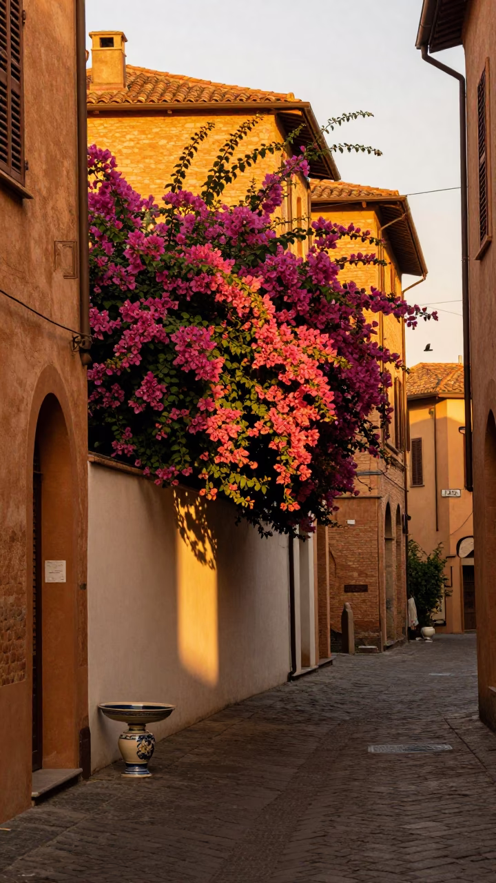 Bologna Italy Evening Street Scene with Bougainvillea and Ceramic Bowl in in Bologna, Italy
