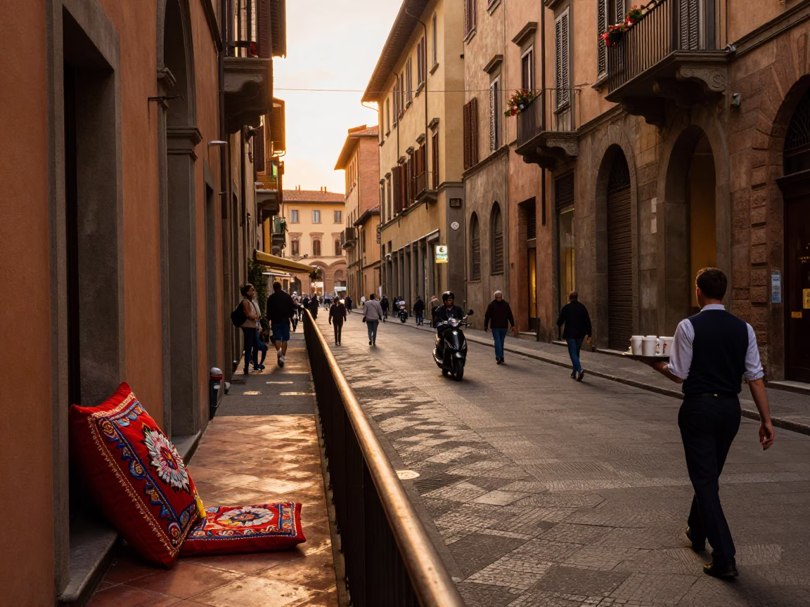 Bologna Italy Evening Street Scene with Embroidered Cushion and Local Interaction in in Bologna, Italy