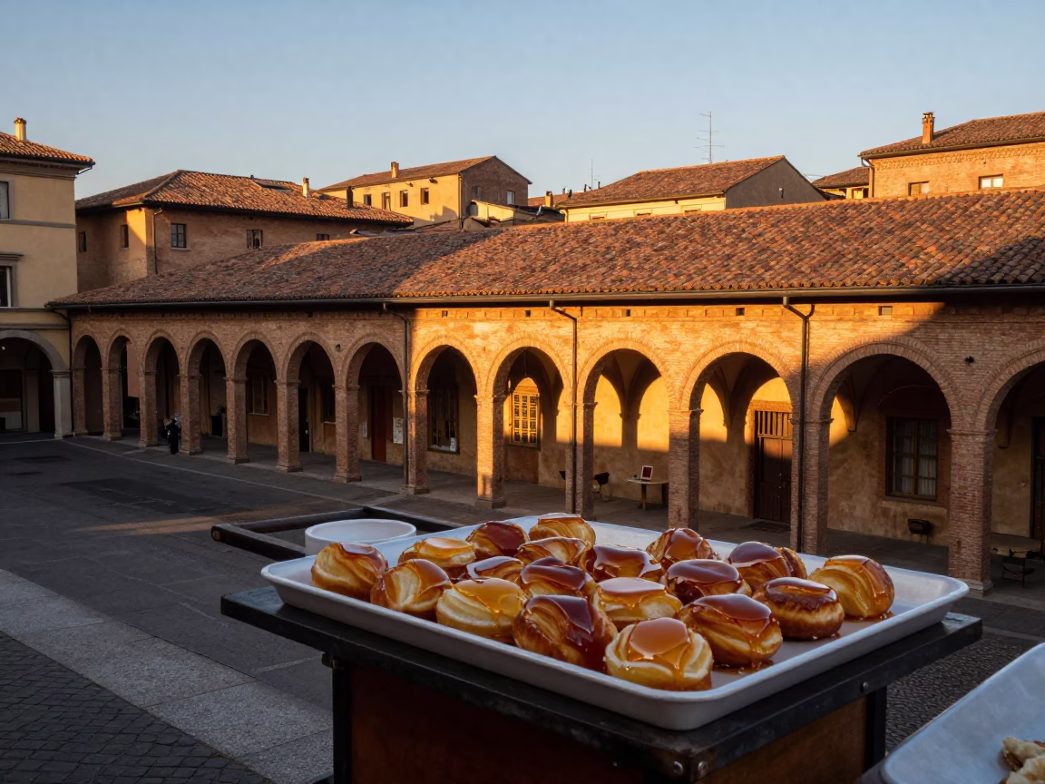 Bologna Italy Evening Street Scene with Loukoumades Honey Dessert and Historic Porticoes in in Bologna, Italy