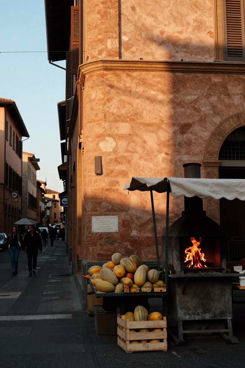 Bologna Italy Evening Street Scene with Melons and Wood Fired Pizza in in Bologna, Italy