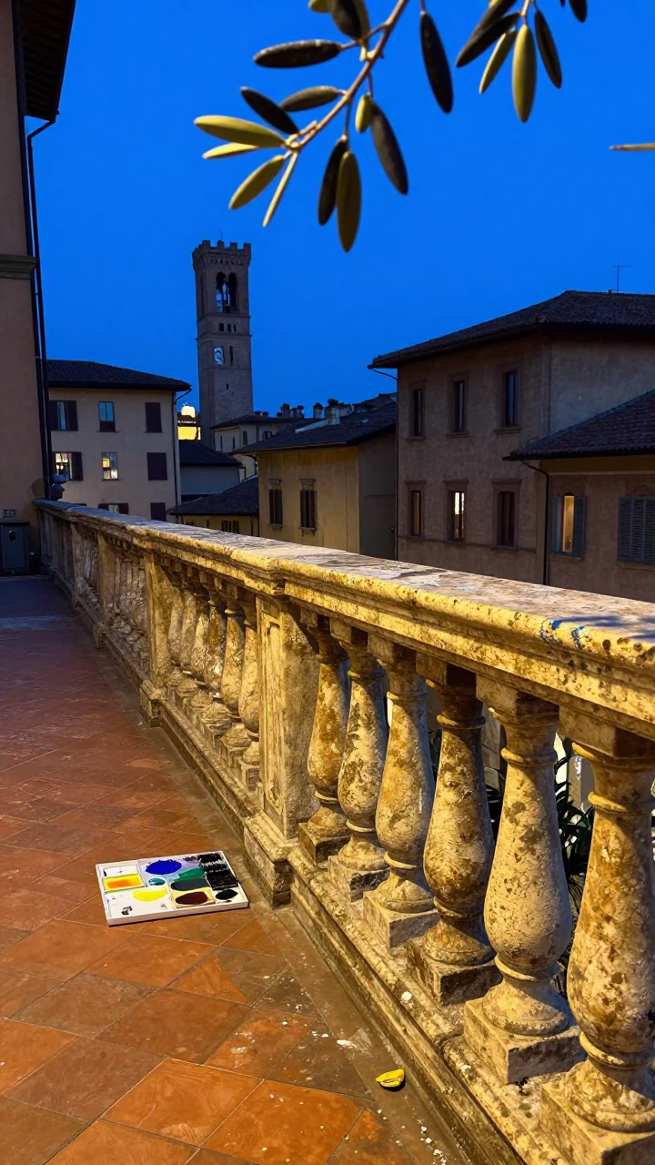 Bologna Italy Evening Street Scene with Olive Branch and Paint Flecks in in Bologna, Italy