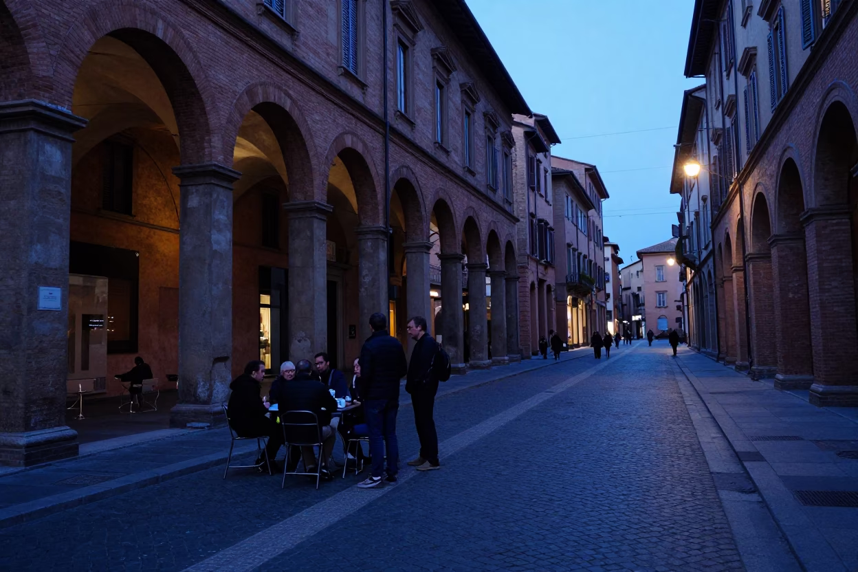 Bologna Italy Evening Street Scene with Stone Archways and Local Dining in in Bologna, Italy