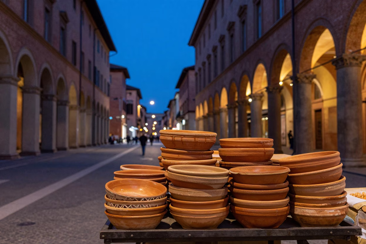 Bologna Italy Evening Street Scene with Terracotta Bowls and Local Dining Culture in in Bologna, Italy