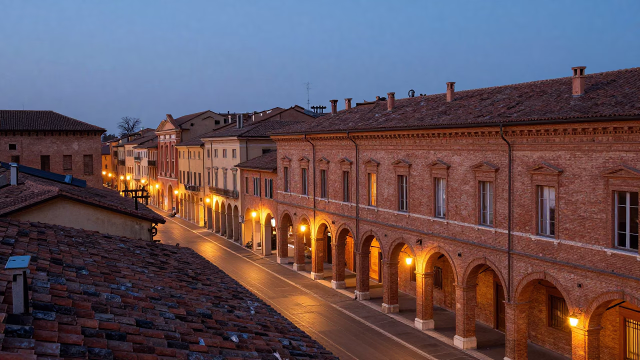 Bologna Italy Evening Street Scene with Traditional Architecture and Local Life in in Bologna, Italy