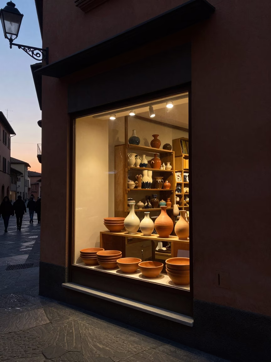 Bologna Italy Evening Street Scene with Traditional Ceramic Shop Display and Sunset Light in in Bologna, Italy