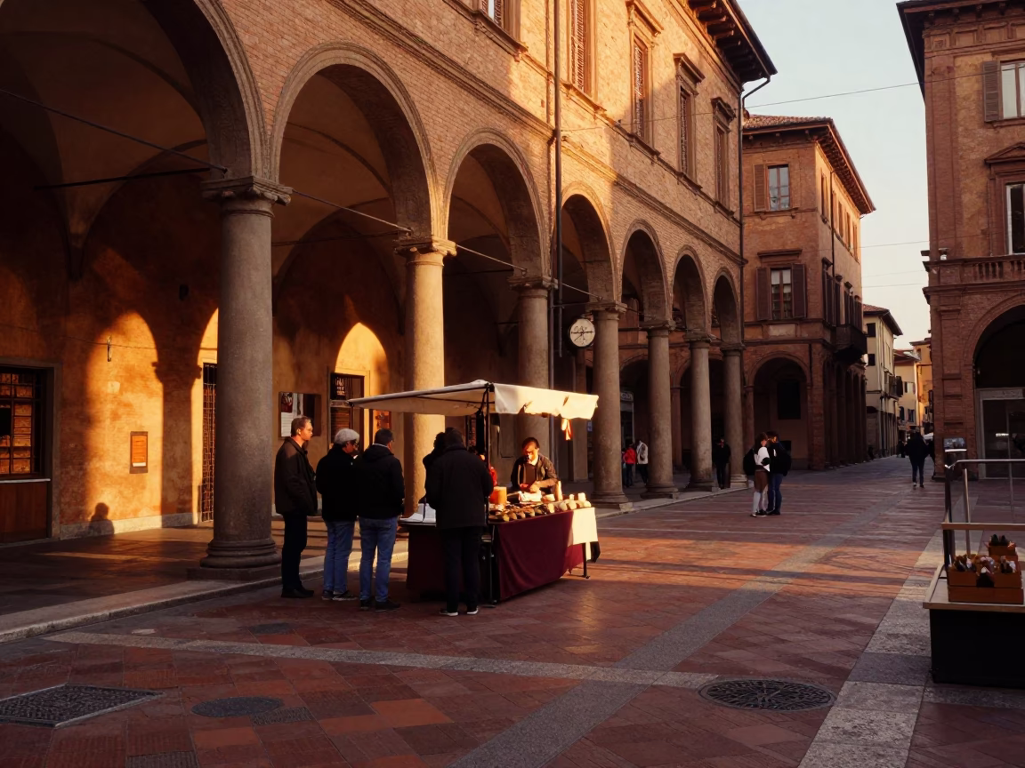 Bologna Italy Evening Street Scene with Traditional Food and Historic Architecture in in Bologna, Italy