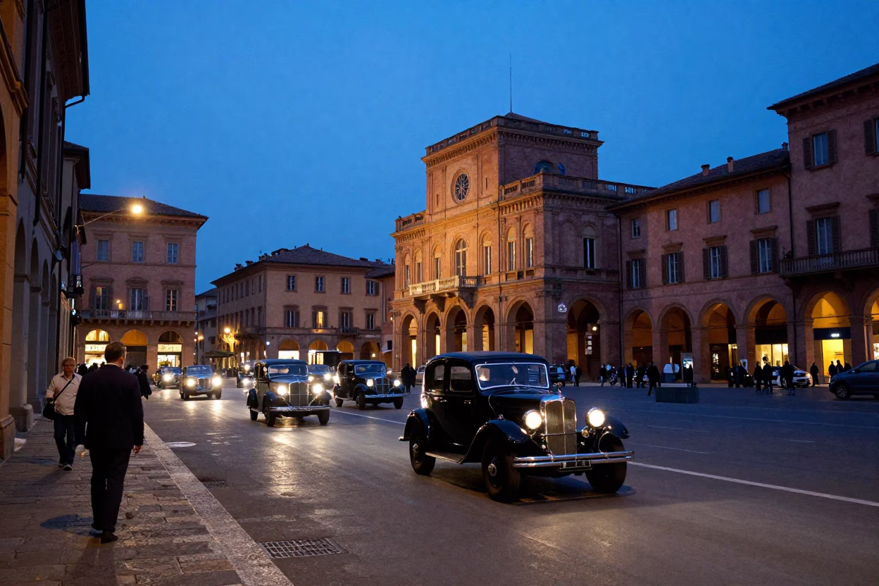 Bologna Italy Evening Street Scene with Vintage Car Rally and Rust Details in in Bologna, Italy