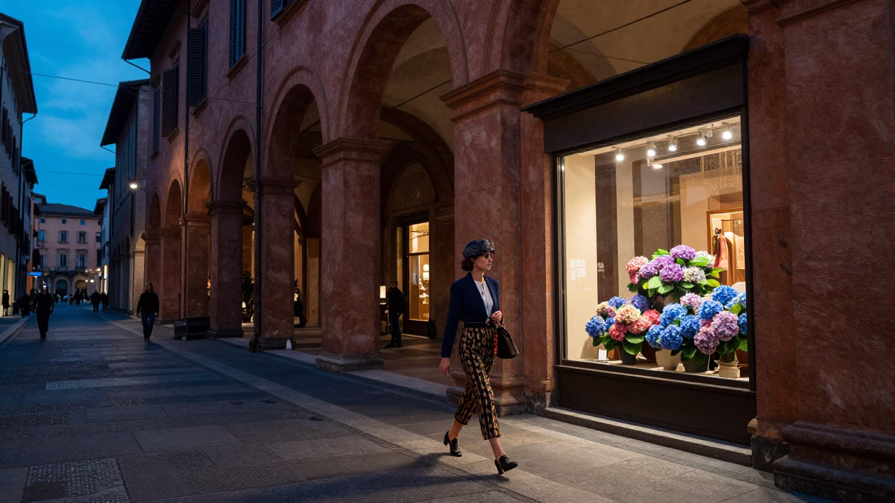 Bologna Italy Evening Street Scene with Vintage Fashion and Hydrangeas in in Bologna, Italy